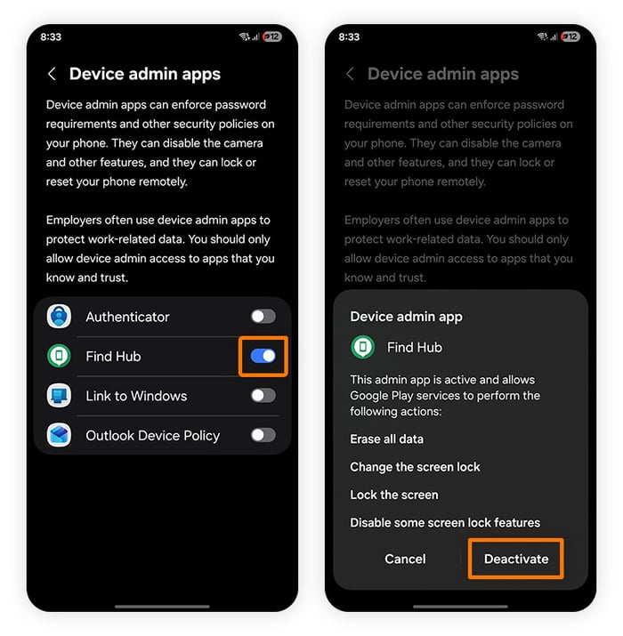 Device admin apps settings on a Samsung phone, showing how to disable administrator permissions for an app.