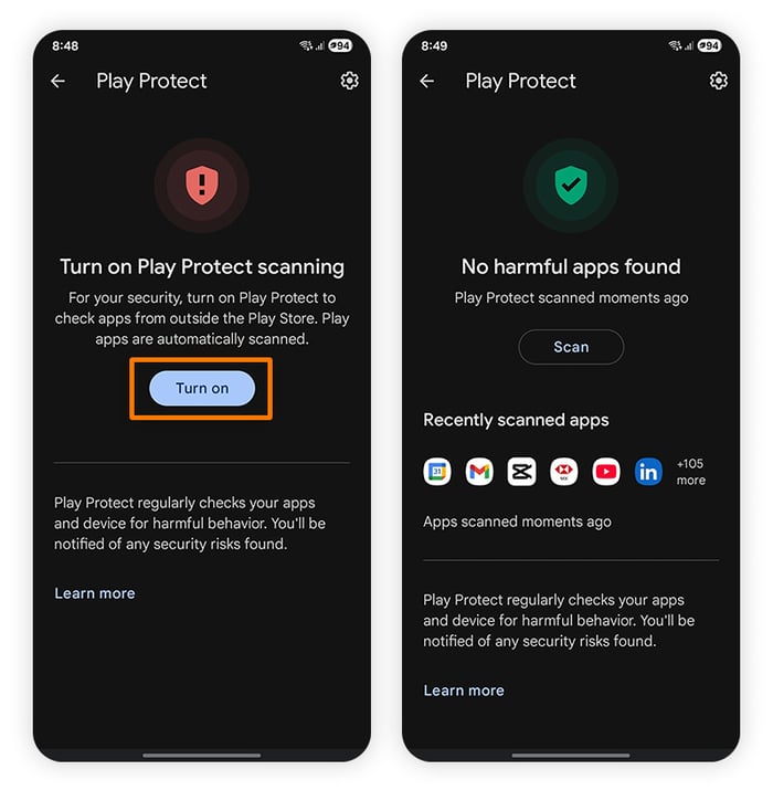 Google Play Protect settings screen with Play Protect turned off and then turned on.