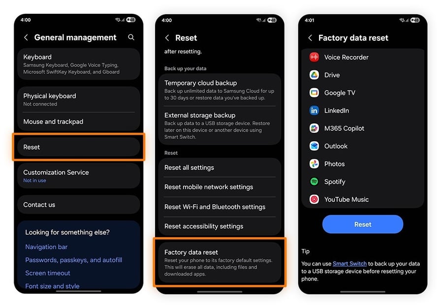 Samsung Galaxy S24 screens showing step-by-step instructions for performing a factory reset.