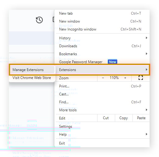 Abra o gerenciador de extensões do Chrome no menu do navegador.