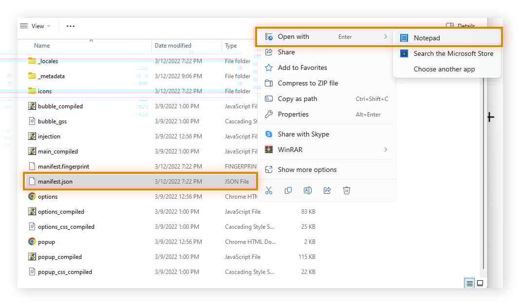 Opening a JSON file in Notepad to identify and delete a hidden Chrome extension.