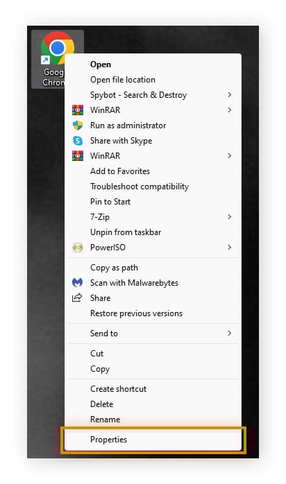 Abertura das propriedades do Google Chrome