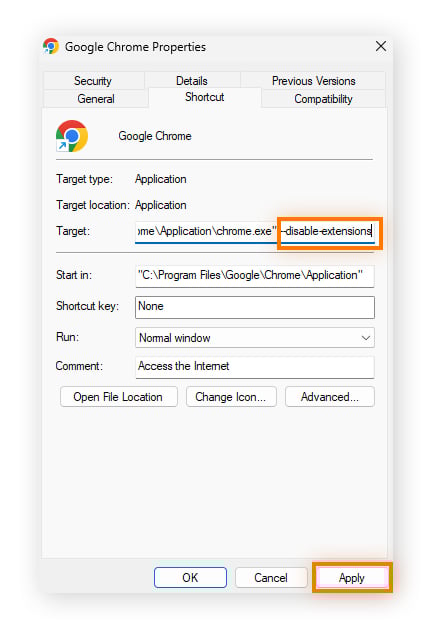 adding "--disable-extensions" to Google Chrome's target path
