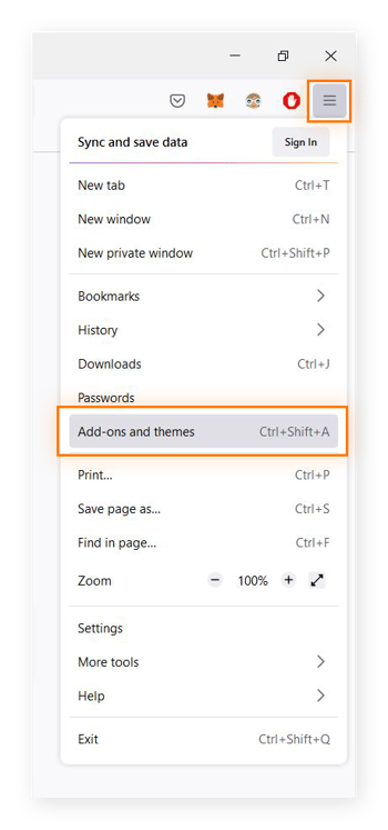 Captura de tela do menu do Firefox, com “complementos e temas” em destaque.