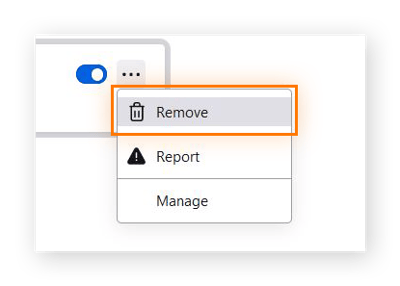 Captura de tela do menu suspenso da extensão, com a opção “remover” em destaque.