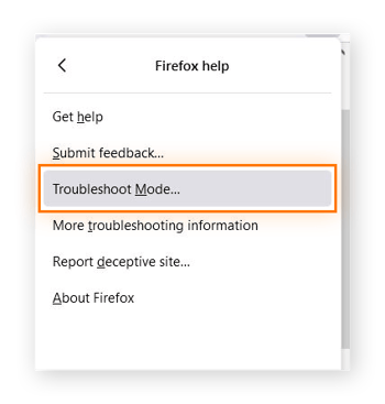 Captura de tela do menu de ajuda do Firefox, com "Modo de solução de problemas" em destaque.