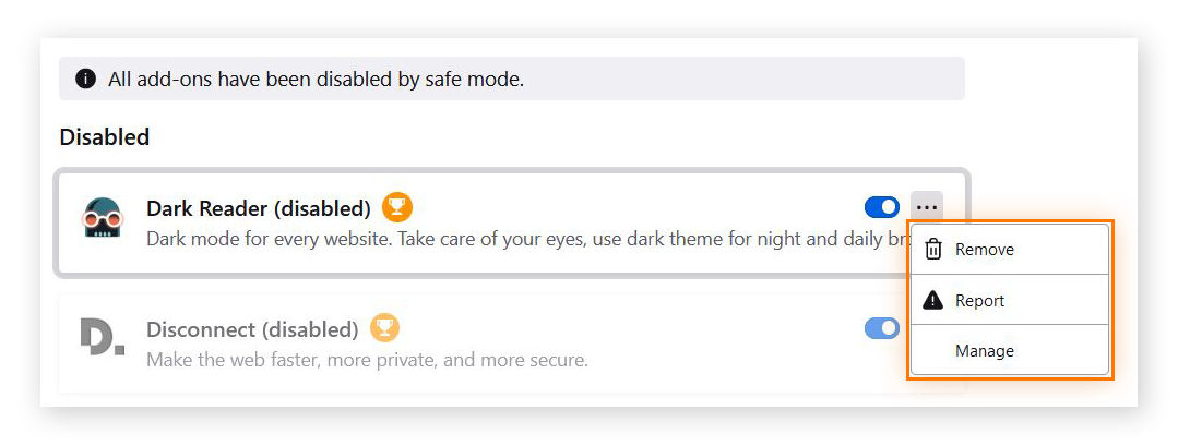 Captura de tela do menu de extensões no Modo de solução de problemas, mostrando todos os complementos desativados.