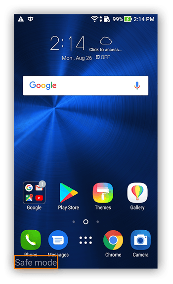 L’écran d’accueil d’Android 7.0, indiquant que le mode sans échec est activé