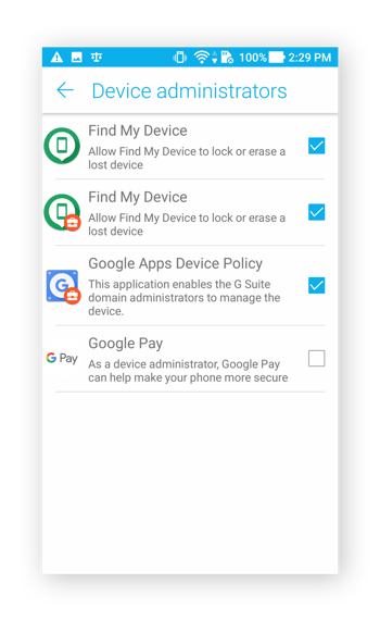 Le menu Administrateurs de l’appareil d’Android 7.0