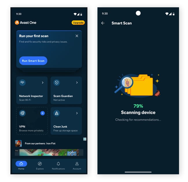 Screenshots of the Avast One Mobile security app for Android.