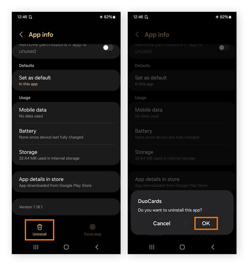  Uninstalling an app in Safe mode on Android.