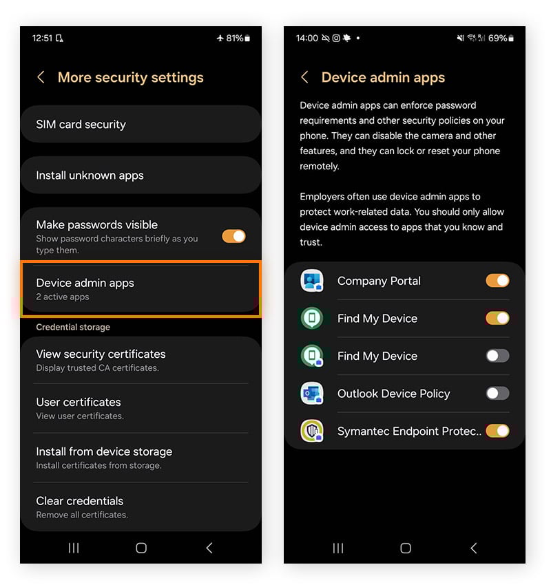 Removing device admin permissions from unknown apps on Android.
