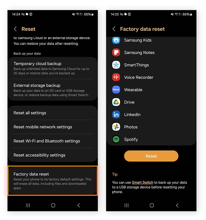 Confirming a factory reset on Android.