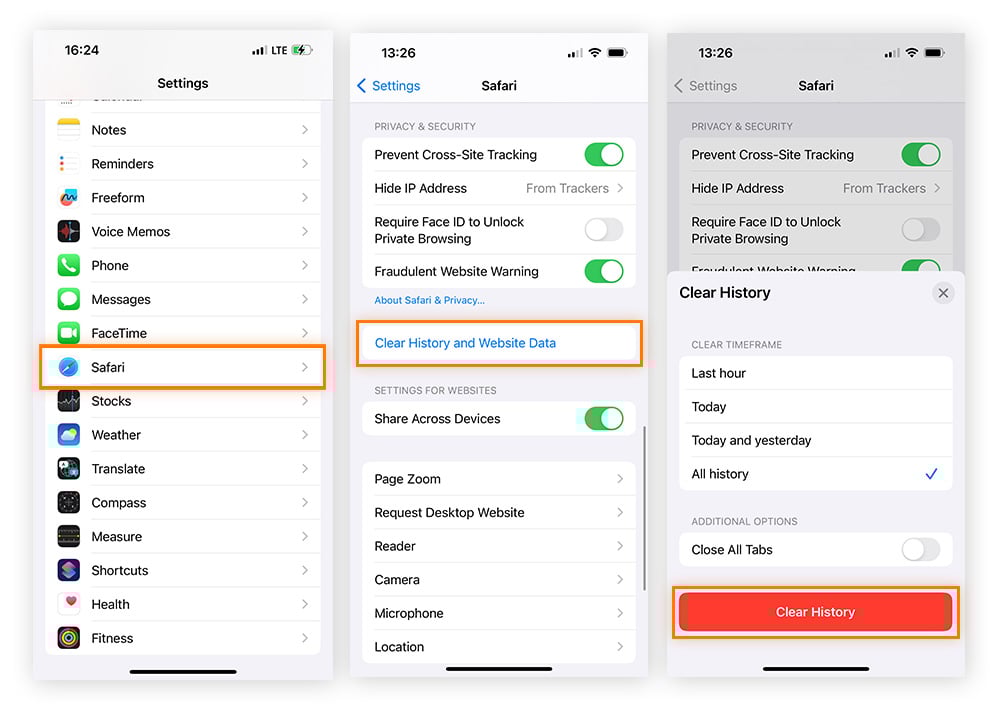 The process for clearing Safari history and website data in iPhone settings.