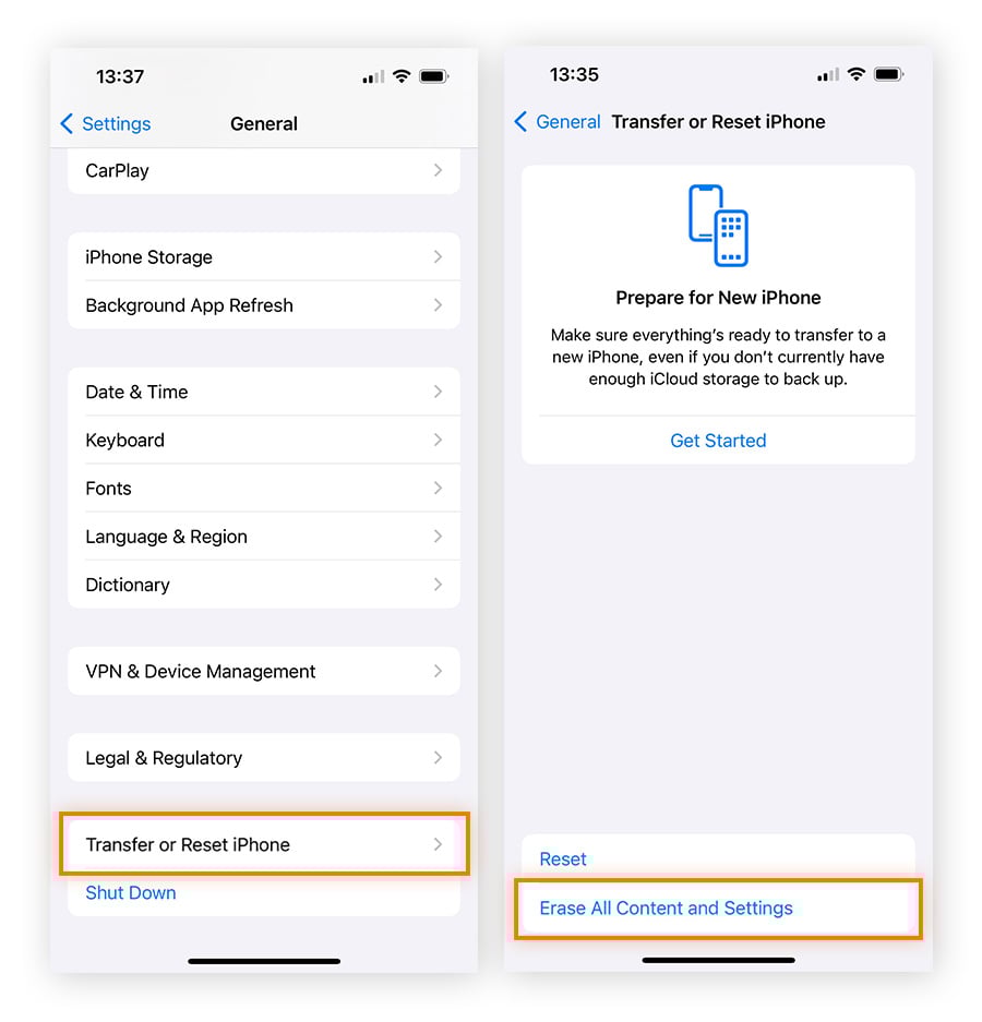 Options within the General tab of Settings app on iPhone. Reset option for restoring factory settings is at bottom.