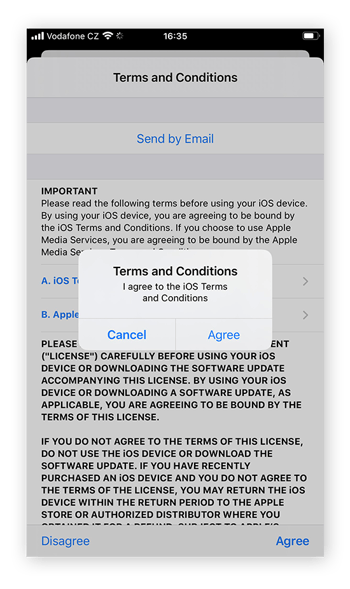 Erklären Sie sich mit den Nutzungsbedingungen von Apple für das iOS-Update einverstanden, um die jüngste Software zu installieren.