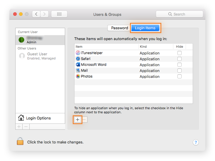 Changing startup programs via the macOS users & groups window.