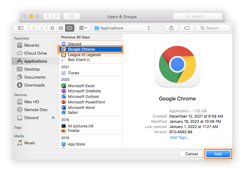macOS list of applications.