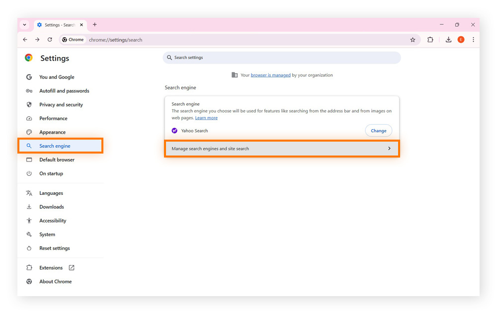 Opening Search engine settings in Chrome.