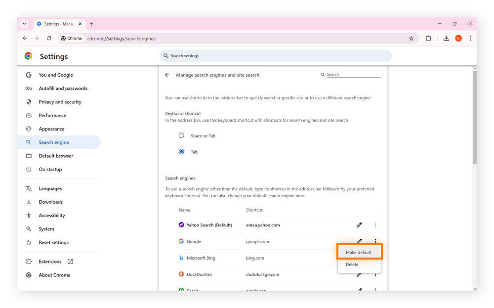 Changing your preferred search engine from Yahoo in Chrome settings.