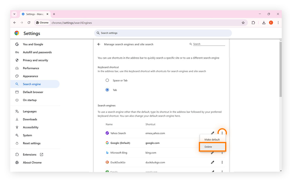 Deleting Yahoo Search from Chrome search engine settings.