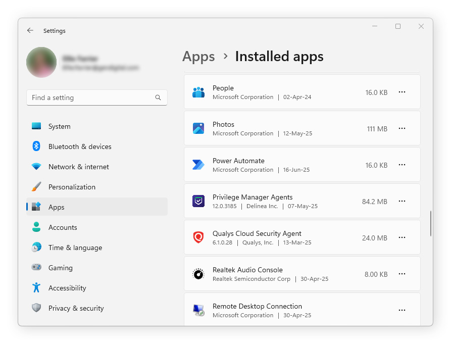 Searching in Installed Apps on Windows 11 for programs you don't recognize.