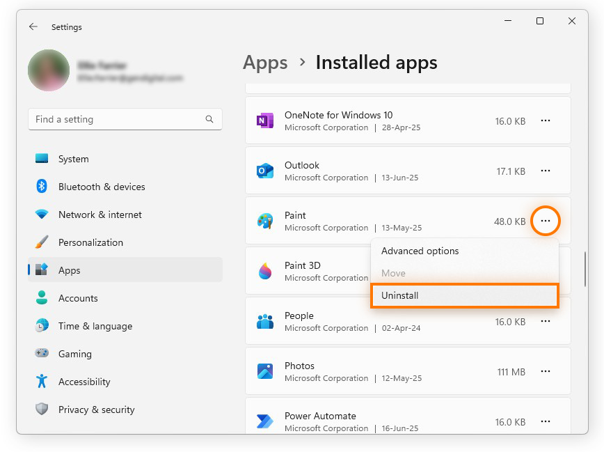 Uninstalling an app from Windows 11.