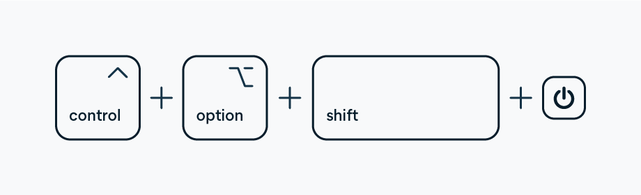 Para redefinir o SMC no Mac, pressione a tecla Shift direita, a tecla Option esquerda e a tecla Control esquerda e as mantenha pressionadas por 7 segundos. Depois, pressione e mantenha o botão liga/desliga pressionado.