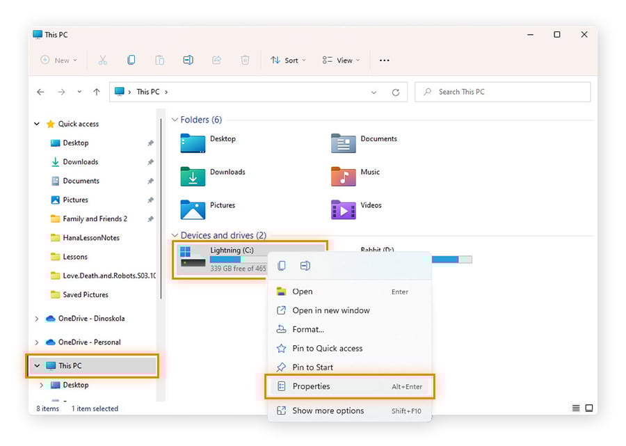 In Windows File Explorer, select Local Disk, then Properties from the context menu.