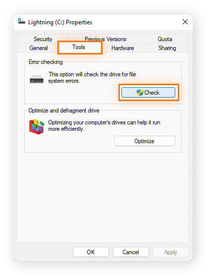 The Tools tab in the Error checking tool on Windows 11.