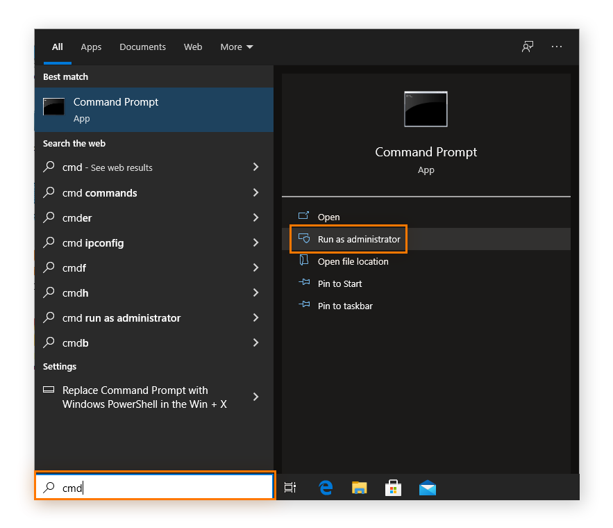  Search for Command Prompt in the Windows 10 Start menu, then click Run as administrator.