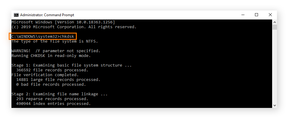 CHKDSK scans for drive errors in the Windows 10 Command Prompt.