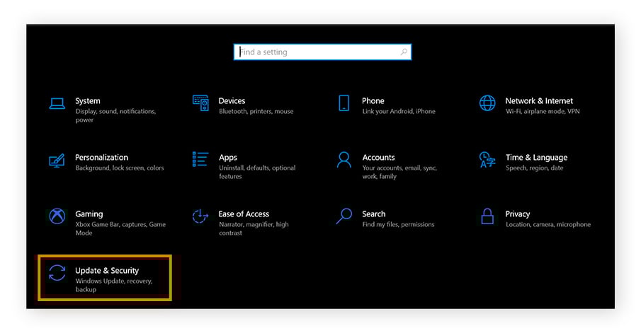 Windows settings is shown, and "Update & Security" is circled.