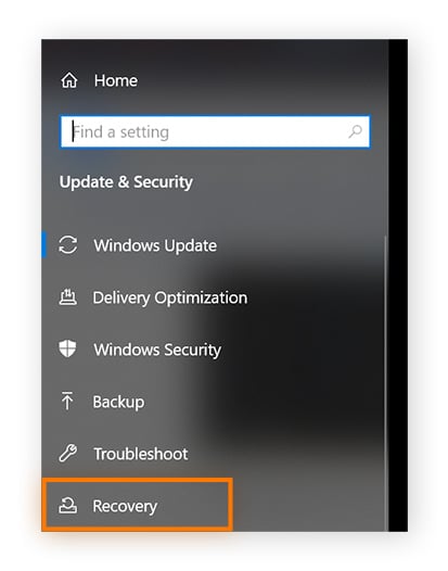A view of Update and Security settings in Windows. Recovery is circled in the left pane.