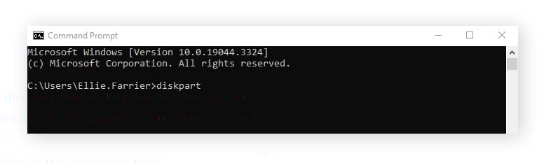 Typing the diskpart command in Command Prompt to make CHKDSK available for scanning your hard drive.