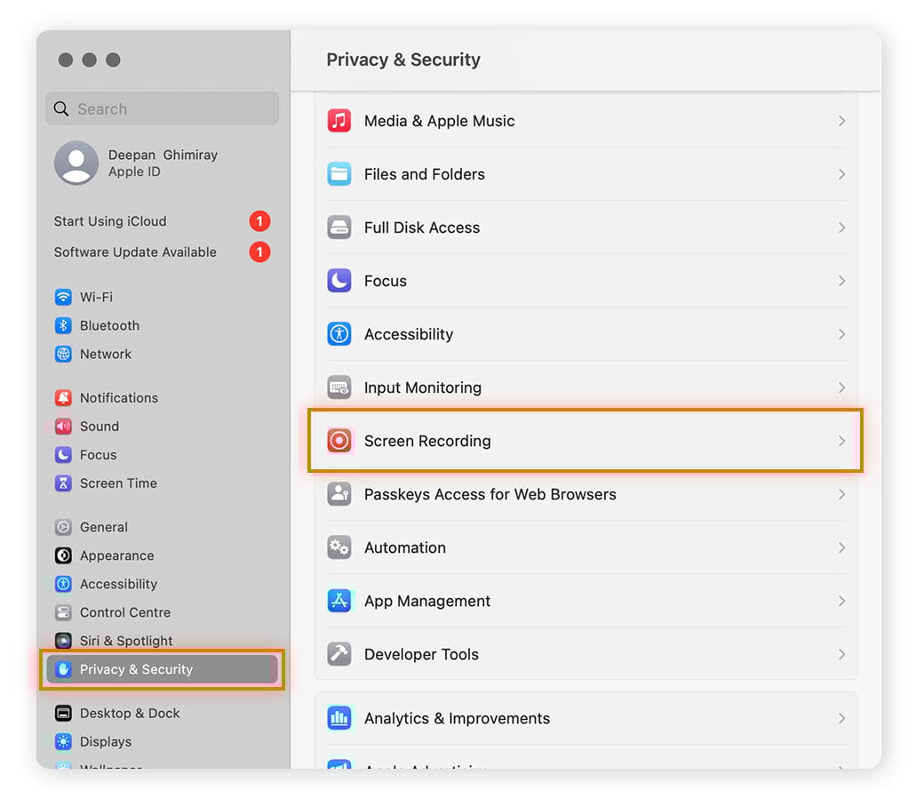 Autorisation des enregistrements d’écran via les paramètres systèmes sur macOS.