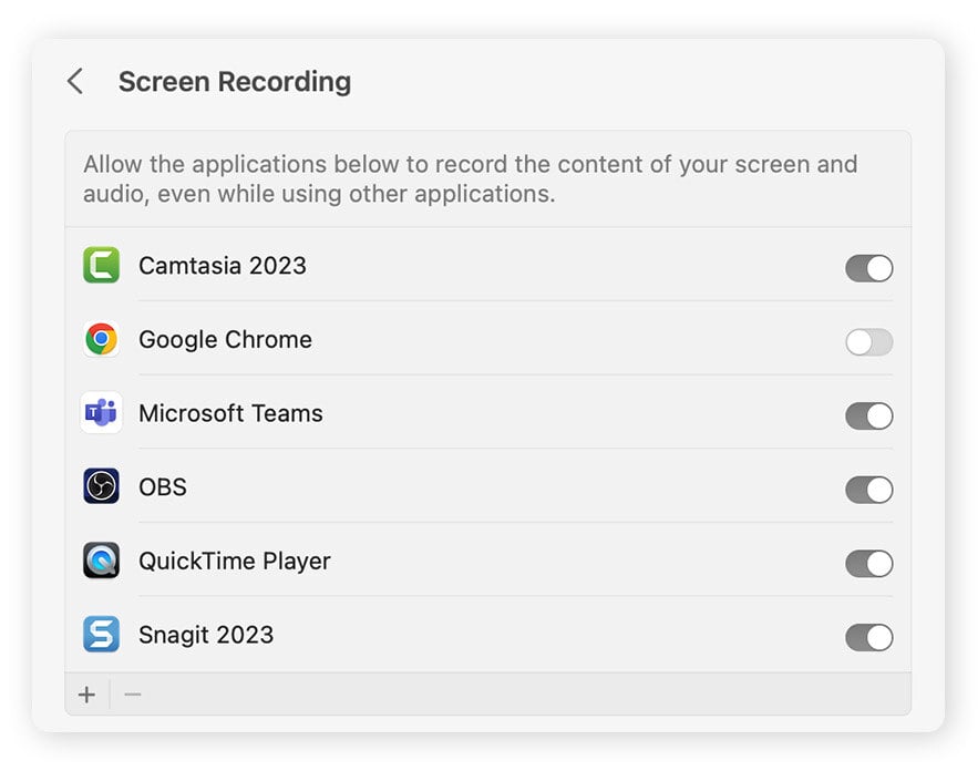 Autorisation des enregistrements d’écran via les paramètres systèmes sur macOS.