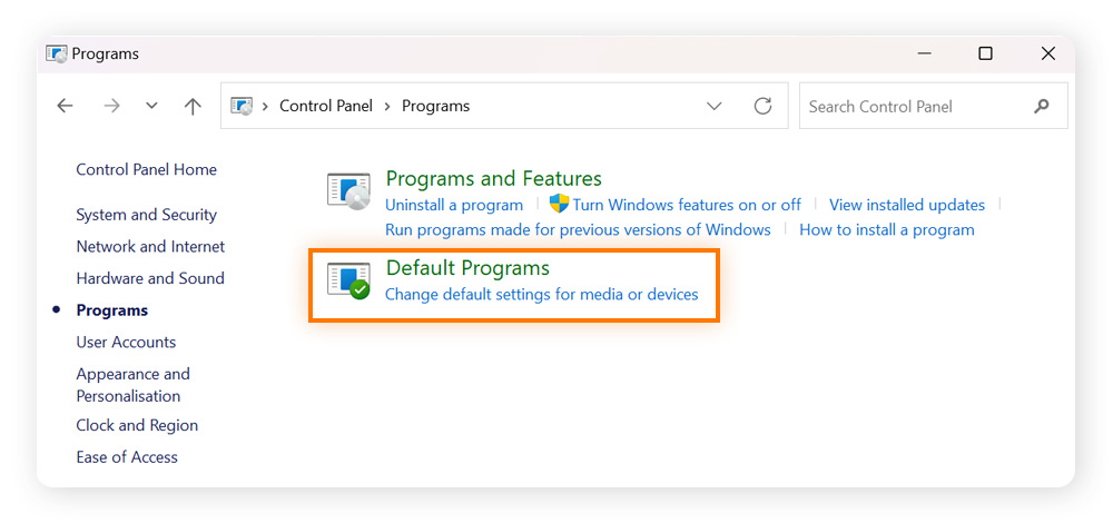 The programs menu in the Control Panel of Windows 11.
