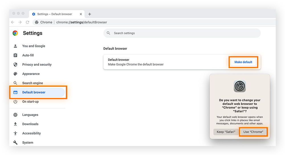 Ouvrez la fenêtre paramètres du navigateur par défaut de Chrome pour définir Chrome comme votre navigateur par défaut sur Mac.