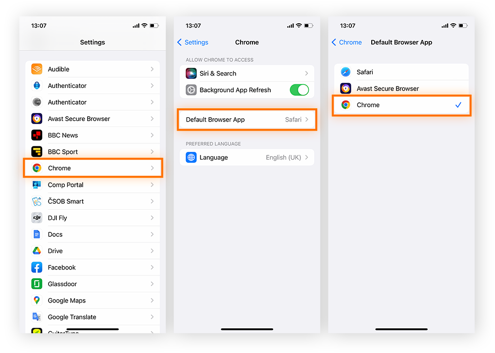 Ouvrez Paramètres > Chrome > Applications par défaut > Chrome pour sélectionner Chrome comme votre navigateur par défaut sous iOS.