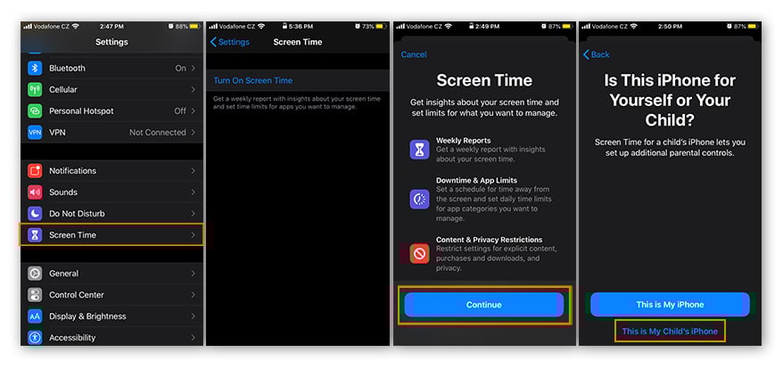 Opening the iPhone Screen Time settings from the Settings app in iOS 17 and activating Screen Time.