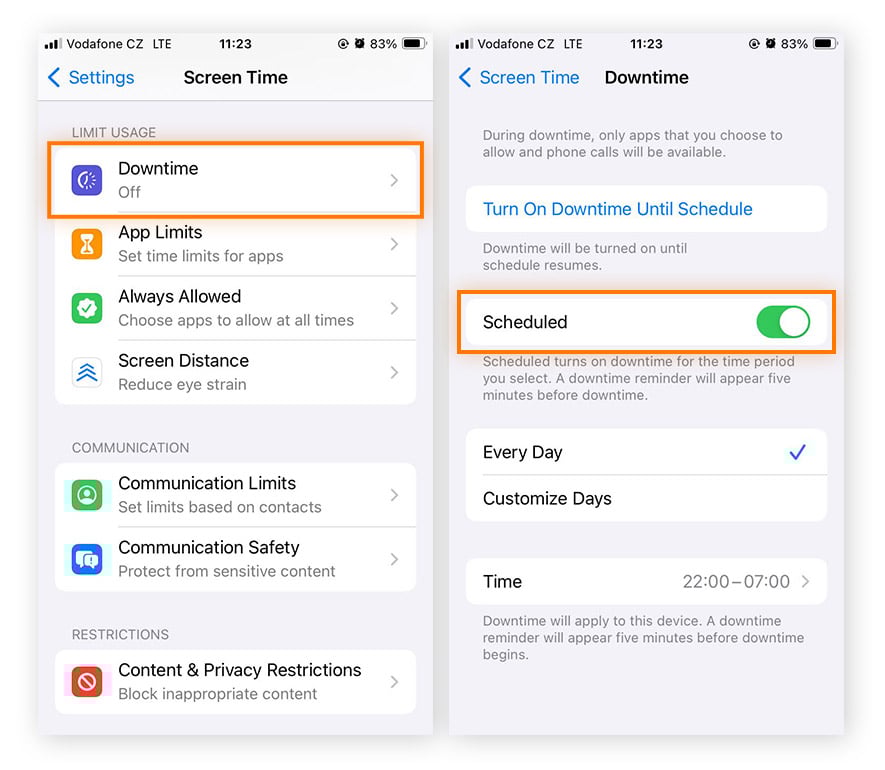 Finding and enabling the Downtime feature in iOS 17 and customizing the schedule.