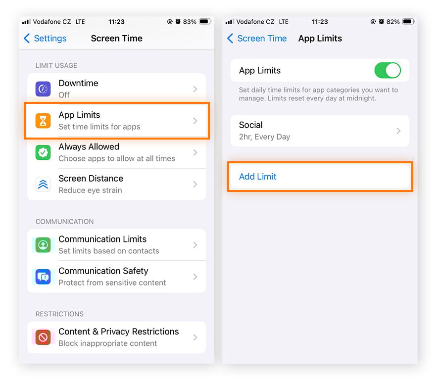 selecting the App limits feature from the Screen Time app in iOS 17.