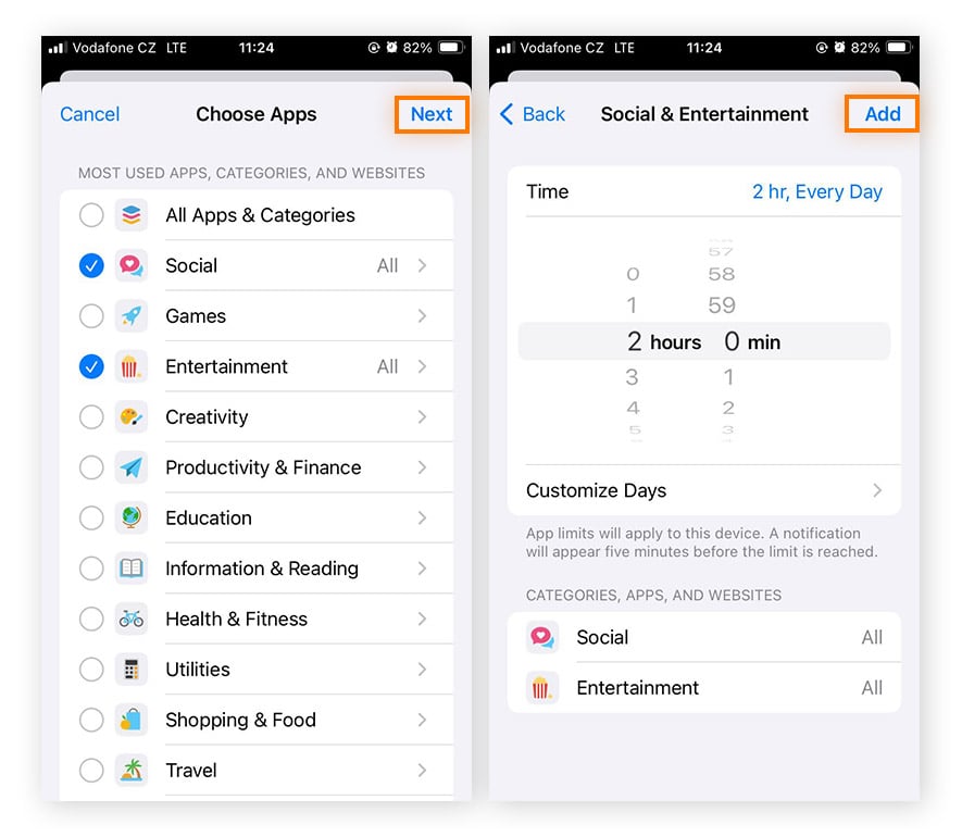 Selecting App categories for the app limit feature in iOS 17.