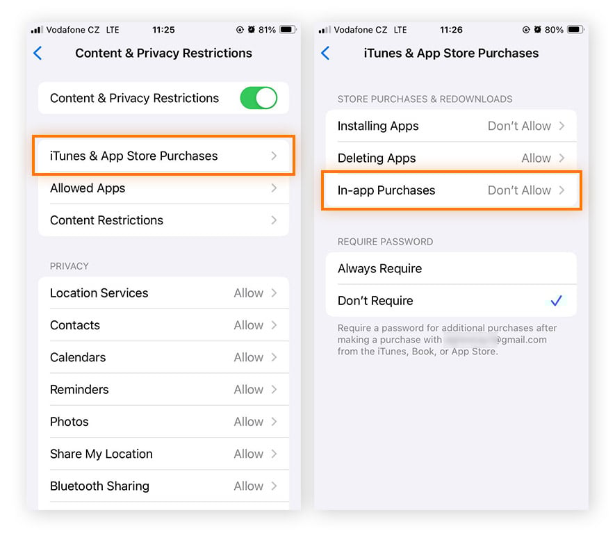 Disallowing in-app purchases through the content and privacy restrictions feature in screen time for iOS 17.