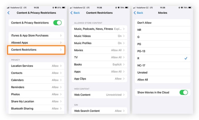 Accessing and customizing content restrictions in the Content and Privacy restrictions feature of screen time in iOS 17.