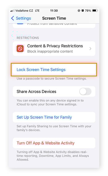 Accessing the Lock Screen Time setting in the screen time app of iOS 17.