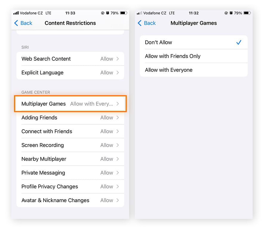 Disallowing Multiplayer games in the Content and Privacy restrictions feature of screen time in iOS 17.