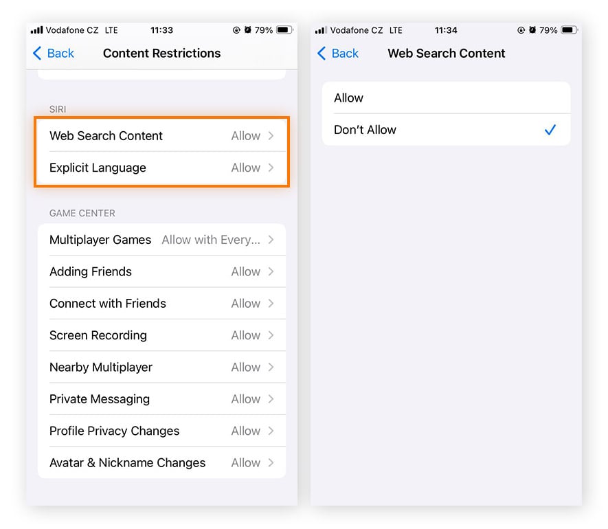 Disallowing Siri web search content in the Content and Privacy restrictions feature of screen time in iOS 17.