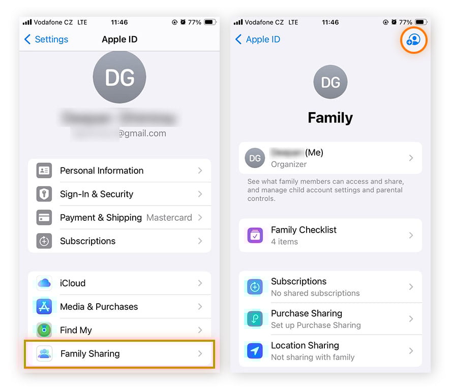 Accessing the Family Sharing group screen on iOS 17.